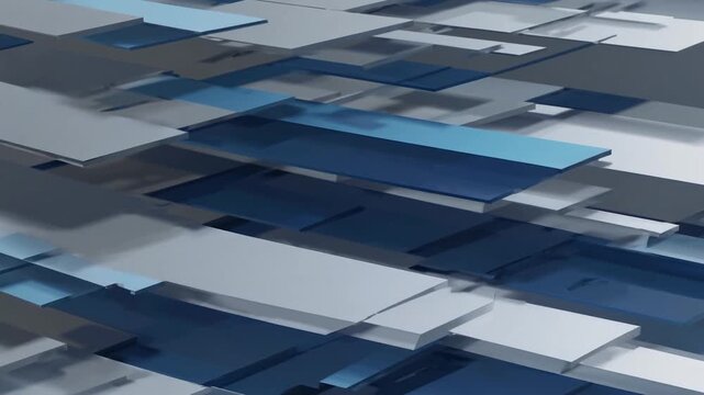 Seamless animation of layered geometric plates moving sideways. Modern and clean background with blue and grey rectangular shapes in motion