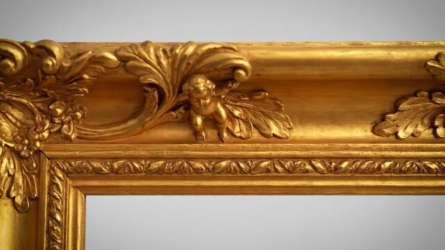 Close Up View of Ornate Antique Gold Picture Frame Corner with Intricate Carvings and Floral Details Isolated on Neutral Background for Art and Design Concepts