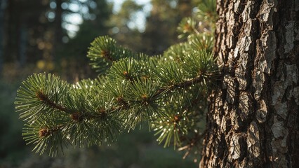 Close-up of a pine tree branch with green needles and a textured tree trunk in the background.