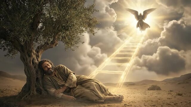 Biblical Patriarch Jacob Sleeping under Tree Dreaming of Ladder to Heaven with Angel Descending Depicting Divine Vision and Promise in Old Testament History