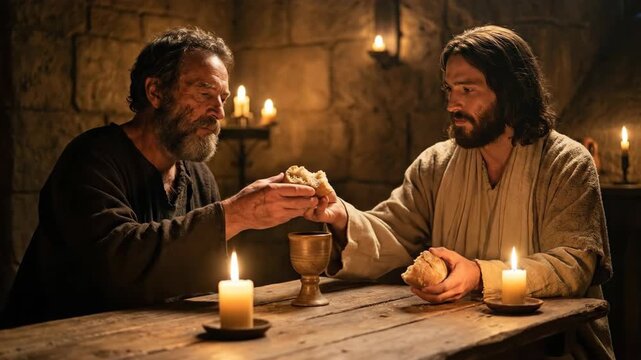 Biblical Scene of Jesus Christ Breaking Bread with Disciple at Wooden Table Lit by Candles Depicting Last Supper and Holy Communion Significance in Christian Religion and History