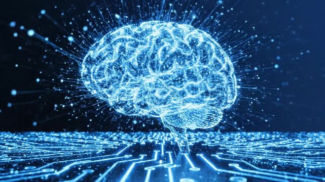 Glowing blue digital brain on futuristic circuit board background