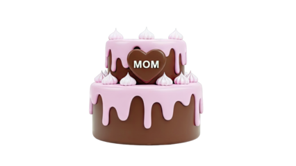 Two-tier Chocolate Cake with Pink Drip Frosting and Heart 'MOM' Decor