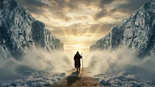 Prophet Moses Parting Red Sea Waters with Staff to Lead Israelites to Freedom creating Path between Walls of Water in Dramatic Old Testament Biblical Scene