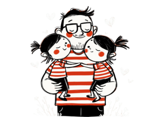 Father embracing his two daughters with hearts and flowers Keywords: father, dad, daughters isolated on a transparent background