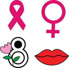 Pink ribbon female symbol number 8 and lips icons venus symbol
