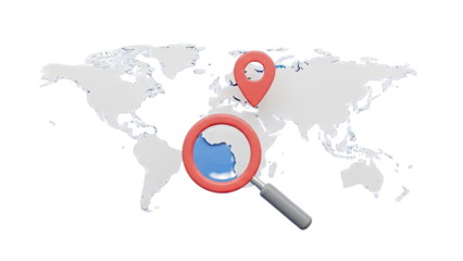 World Map with Magnifying Glass and Location Pin