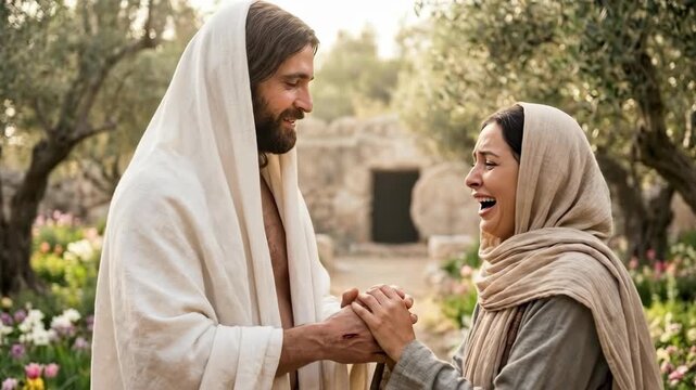 Emotional scene of the risen Jesus Christ consoling a laughing and crying Mary Magdalene near the empty tomb at sunrise representing hope and resurrection