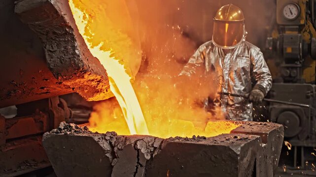 Metal casting process in industrial foundry. Molten metal pours into mold, showcasing craftsmanship and precision. Bright orange glow creates intense atmosphere of production.