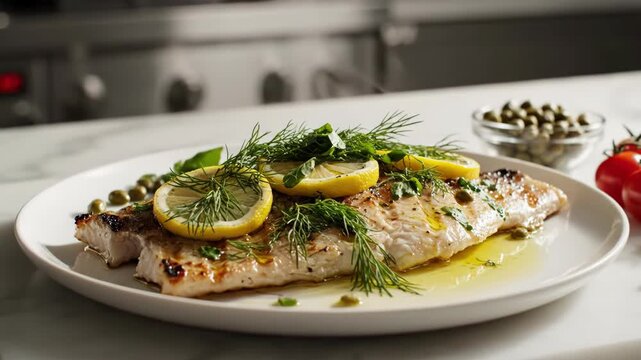 Fish fillet on a plate garnished with lemon dill capers and herbs with tomatoes and a caper bowl nearby