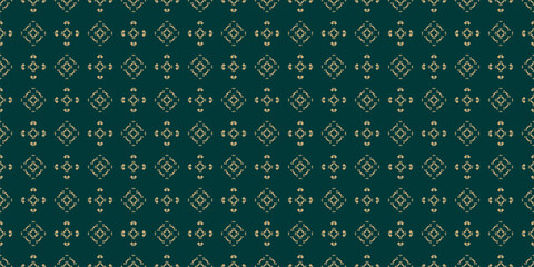Vector geometric seamless pattern in ethnic style. Traditional nordic folk ornament. Gold and dark green background with squares, diamonds, flower silhouettes. Abstract repeat design for decor, print