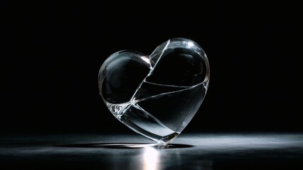 Transparent glass heart with a visible crack placed on a dark surface with dramatic lighting and copy space.