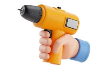 Cartoon Hand Holding Yellow Drill from Opposite Side isolated on a transparent background