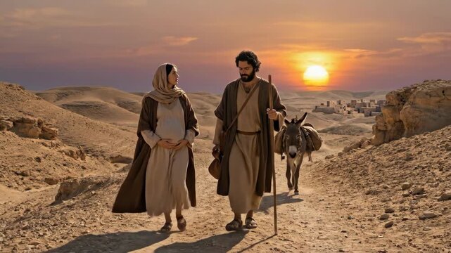 Joseph leading a donkey carrying a pregnant Mary through a desert landscape at sunset on their journey to Bethlehem for the nativity