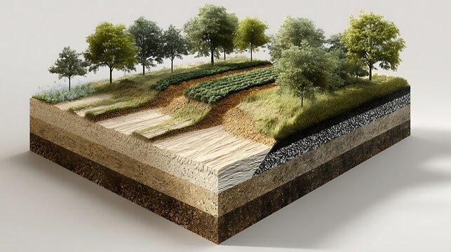 Cross-section of a landscape with trees and soil layers