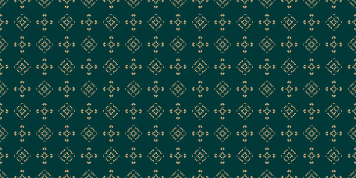 Vector geometric seamless pattern in ethnic style. Traditional nordic folk ornament. Gold and dark green background with squares, diamonds, flower silhouettes. Abstract repeat design for decor, print