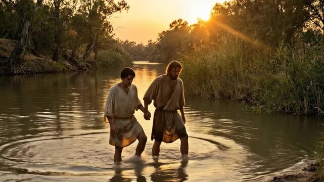 Jesus Christ being baptized by John the Baptist in the Jordan River at sunset with water reflection and peaceful atmosphere