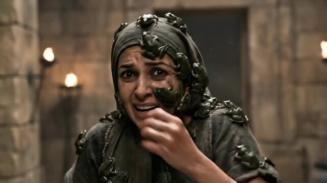 Terrified Egyptian woman covered in green frogs inside a stone room depicting the biblical plague of frogs in Egypt