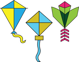 Three Colorful Geometric Kites on White Background
