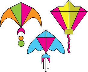 Three Colorful Geometric Kites on White Background