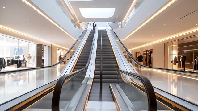 Modern Shopping Mall Interior with Escalators and People