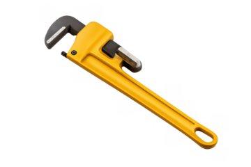 Yellow pipe wrench, adjustable plumbing tool for home repair and maintenance, transparent background