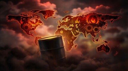 Global Energy Crisis Concept Illustration Featuring a Large Oil Barrel Against a World Map Glowing with Flames and Gears Under a Smoky Sky Representing Industrial Impact and Geopolitics