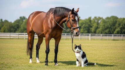 Brown horse and black dog standing together.