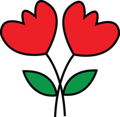 Two Red Flowers with Green Leaves on White Background