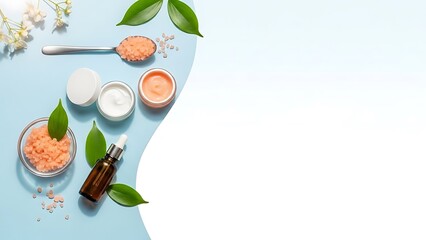 Spa products and floral elements arranged on a light blue background