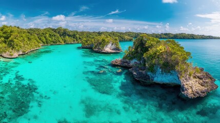 Clear blue water and green trees by the shore in tropical location