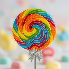 A vibrant colorful swirl lollipop on a stick with a decorative silver holder