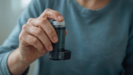 A person holding an asthma inhaler.