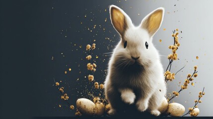 White rabbit surrounded by decorated eggs and flowers on a dark background