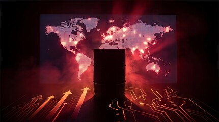 Silhouette of an oil barrel against a glowing digital world map with rising arrows and red smoke, symbolizing the global energy crisis, fluctuating crude oil prices, and the modern economy impact.