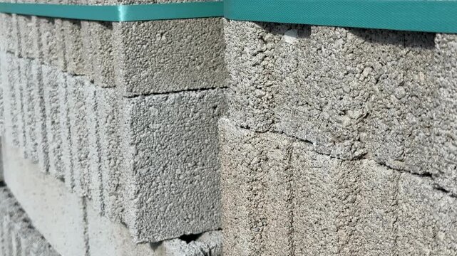 Concrete blocks stacked in sunlight showing rough texture and turquoise strapping as a background