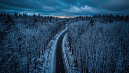 Snow-covered forest with a winding road through it during winter. Landscape scene with trees and moody sky.