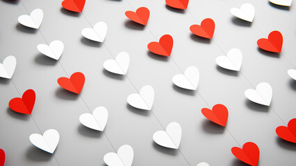 Red and white folded paper hearts garland for soft Valentine's Day