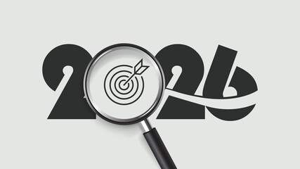 2026 success concept with a magnifying glass focusing on a target icon. Minimalist vector for goal setting, strategic planning, business growth, and future vision for the new year 2026.