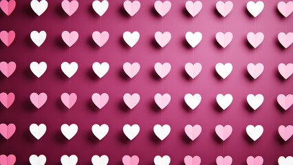 Rows of pink and white paper hearts hanging against a deep pink Valentines day background