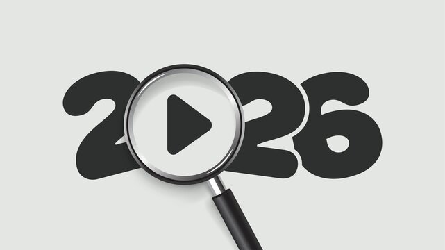 2026 vision concept with a magnifying glass focusing on a play button icon. Minimalist vector for future planning, video marketing strategy, digital content trends, and starting the new year 2026. - Powered by Adobe