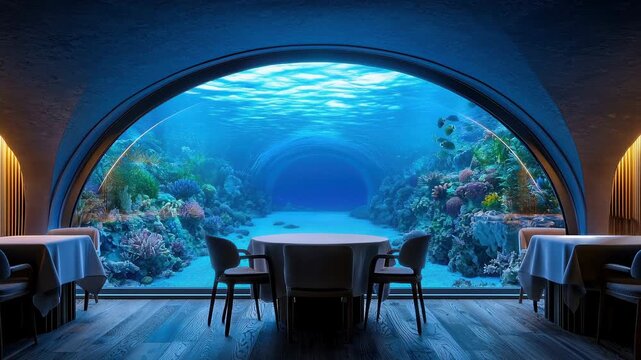 Underwater restaurant interior featuring large curved glass window with vibrant coral reef, marine life, and elegant dining setup including round
