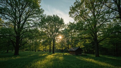Obraz premium Sunset through trees in a park with lush greenery and a small shed, capturing a peaceful natural scene.