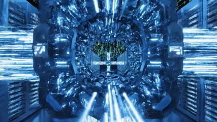 Futuristic data center with glowing blue light and binary code streaming down - Powered by Adobe