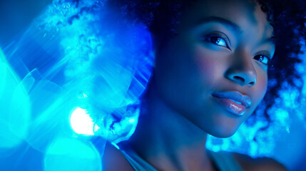 Fototapeta premium Young Black Woman Surrounded by Blue Futuristic Energy and Abstract Mist, Hopeful and High-Energy