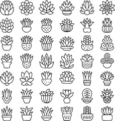 Collection of various potted plants and flowers in line style