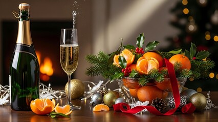 Obraz premium Christmas celebration with champagne and oranges.