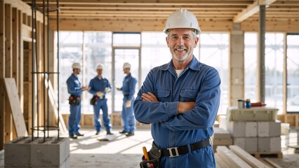 Smiling male construction manager in hard hat and blue jumpsuit. Professional builder standing with arms crossed at a building site. Leadership and teamwork in construction industry