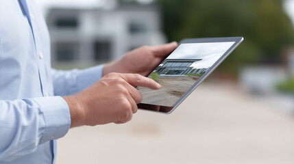 builders hands holding a tablet showing digital twin of home infrastructure