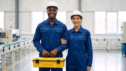Smiling diverse factory workers in blue jumpsuits and hard hats. Male and female maintenance team holding a yellow toolbox in a manufacturing plant. Professional industrial staff concept